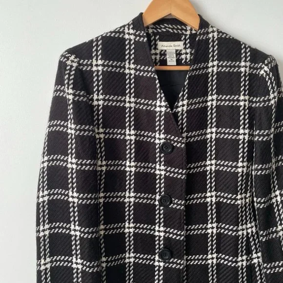 Amanda Smith Black White Check Plaid Tweed Coat Sz 14 - Picture 2 of 6